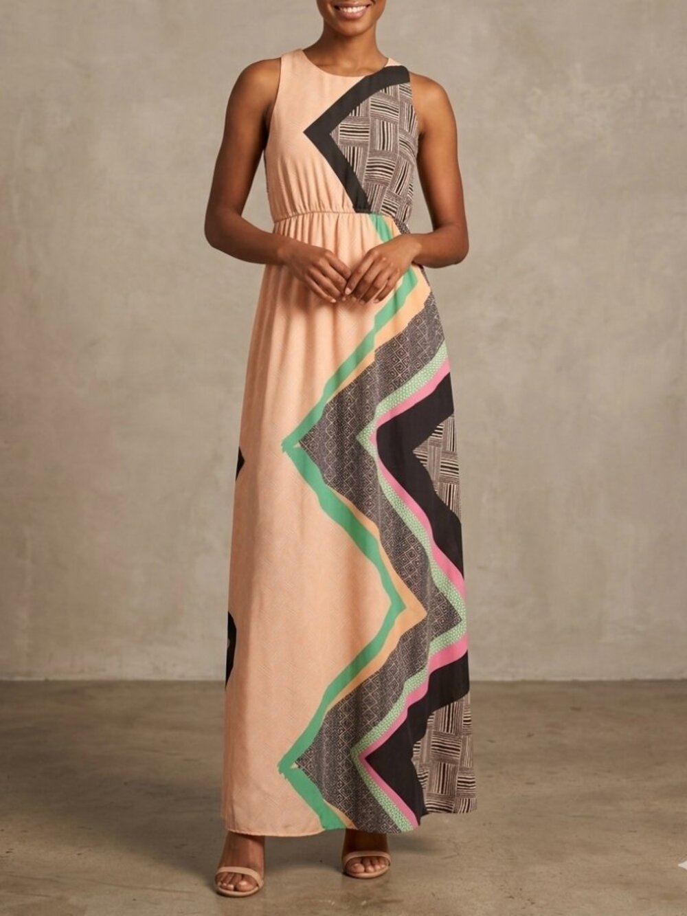 BarIII Geometric Abstract Print Sleeveless Maxi Dress Sz Large Vacation BohoChic
